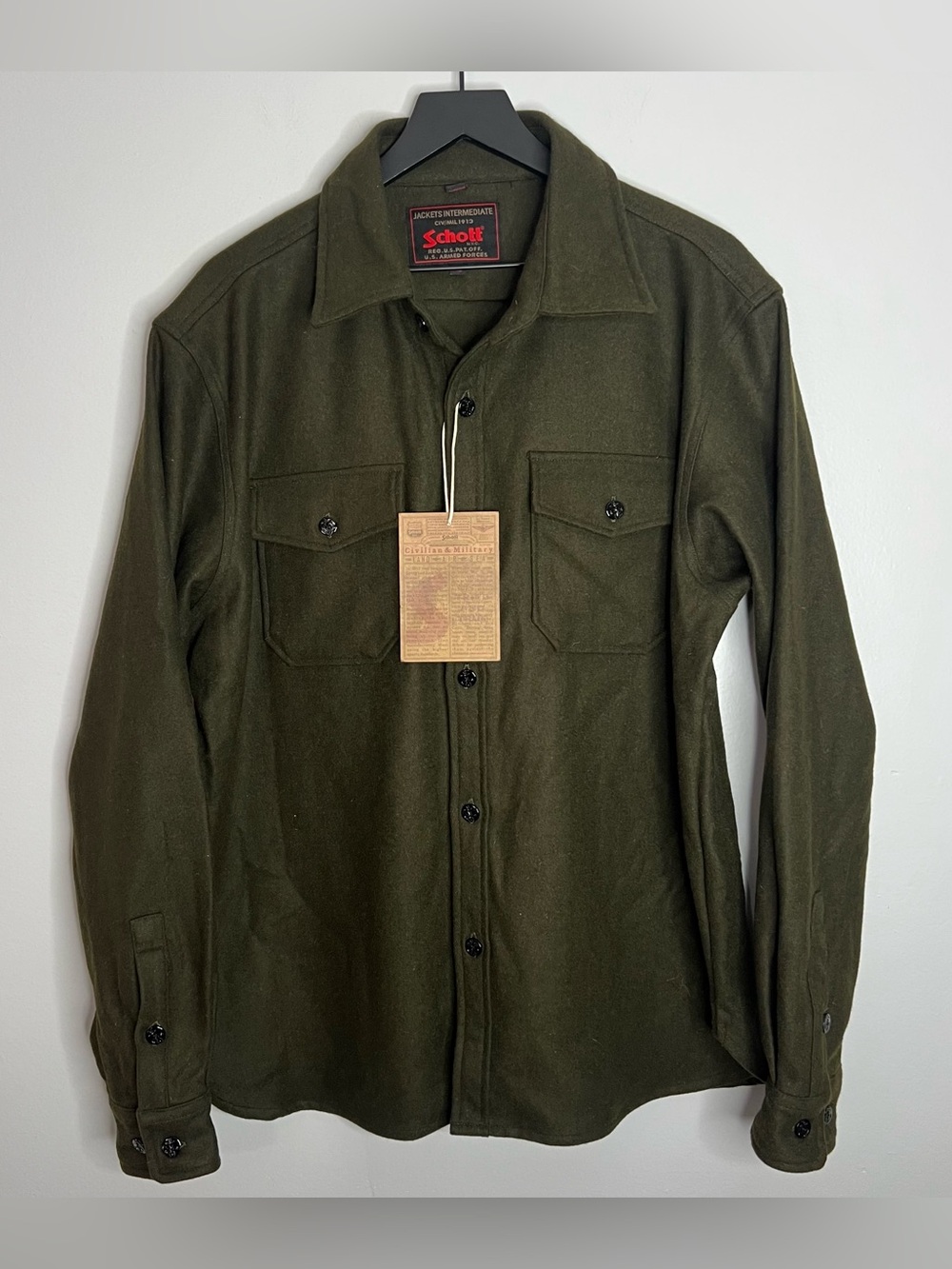 Schott NYC CPO Wool Long Sleeve Button Down Shirt Mens XL Olive Green NWT
